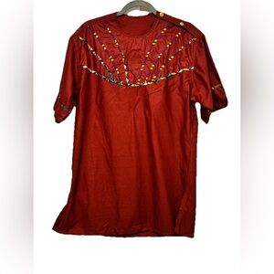 Vintage Ethnic Embroidered Tunic Top Rust Red Tribal Short Sleeve Boho